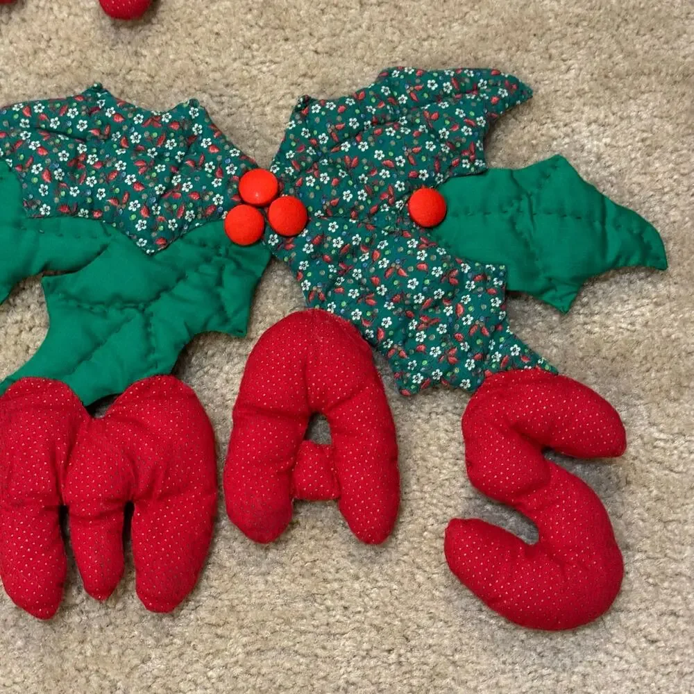 Merry Christmas Stuffed Fabric Garland Holly Ivy Berries 21x37